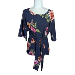 West Kei Blouse Tie Front or Tie Back Short Sleeve Dark Floral  Julianne Sz L